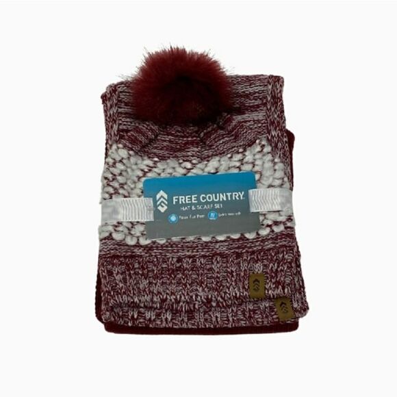 Knit Hat and Scarf Set  New  Burgandy White NWT Pom Pom - Picture 2 of 5